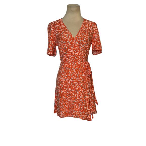 Nobody’s Child orange floral short sleeves wrap mini dress size XS - Picture 14 of 16